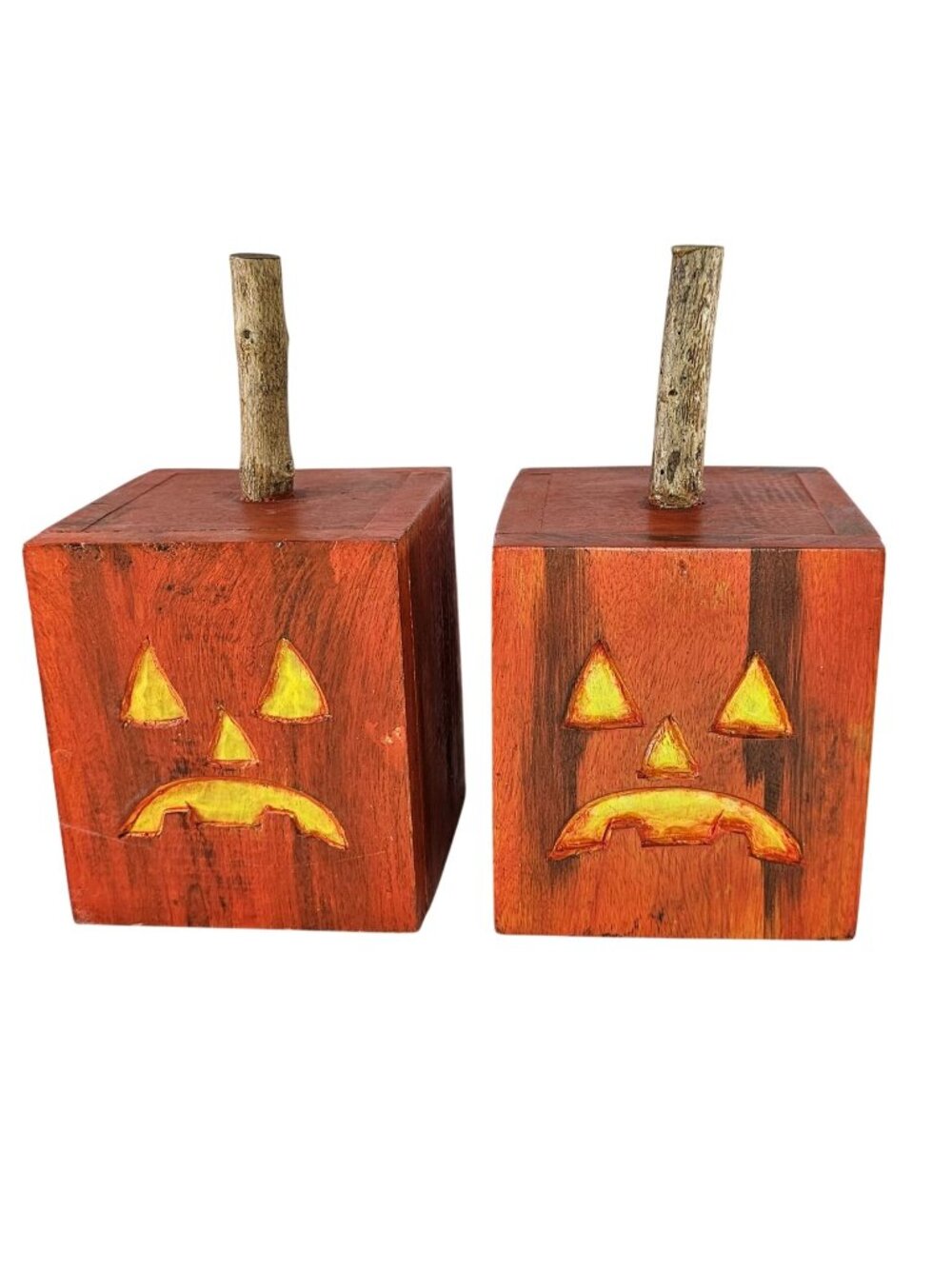 Handmade Wooden Pumpkin Blocks With Carved Faces & Rustic Stick Stems - Set Of 2